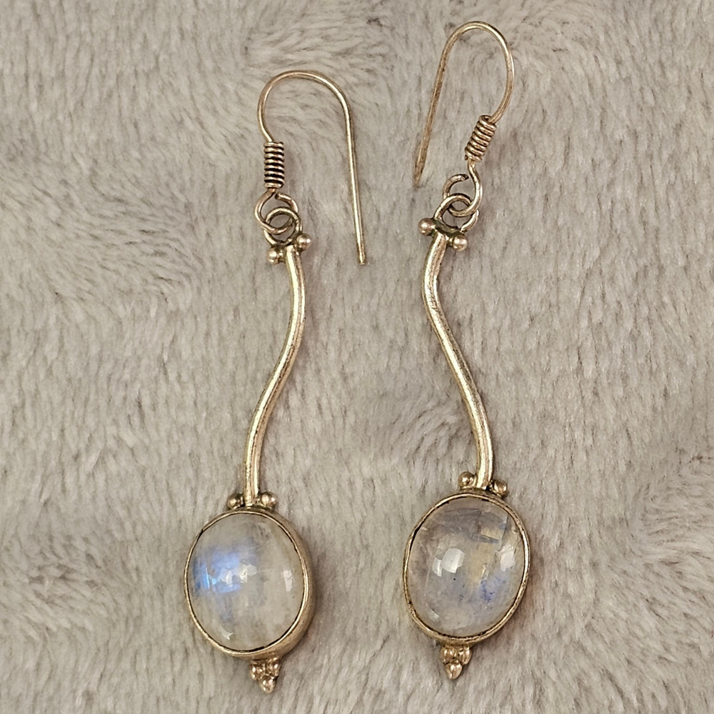 Artisan Blue Flash Moonstone Oval Dangle Earrings Silver Tone Curved Stem Bali